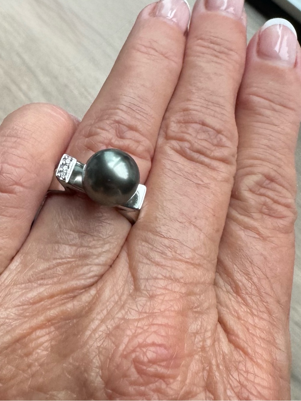 Tahitian Pearl & Pave’ Diamond Ring Sterling Silver